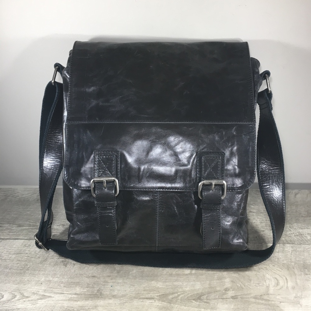 Fossil Transit Messenger Briefcase School Black Distressed Leather Shoulder Bag